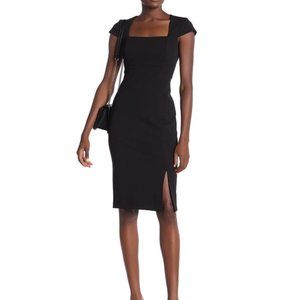 Calvin Klein Classic Black Pencil Dress with Square Neck, Cap Sleeve, Slit Front